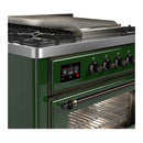 ILVE Majestic III 36-inch Dual Fuel Range with 6 Natural Gas Burner, Griddle and Triple Glass Door Electric Oven in Emerald Green with Burnished Trim (UM36FNR3EGB)