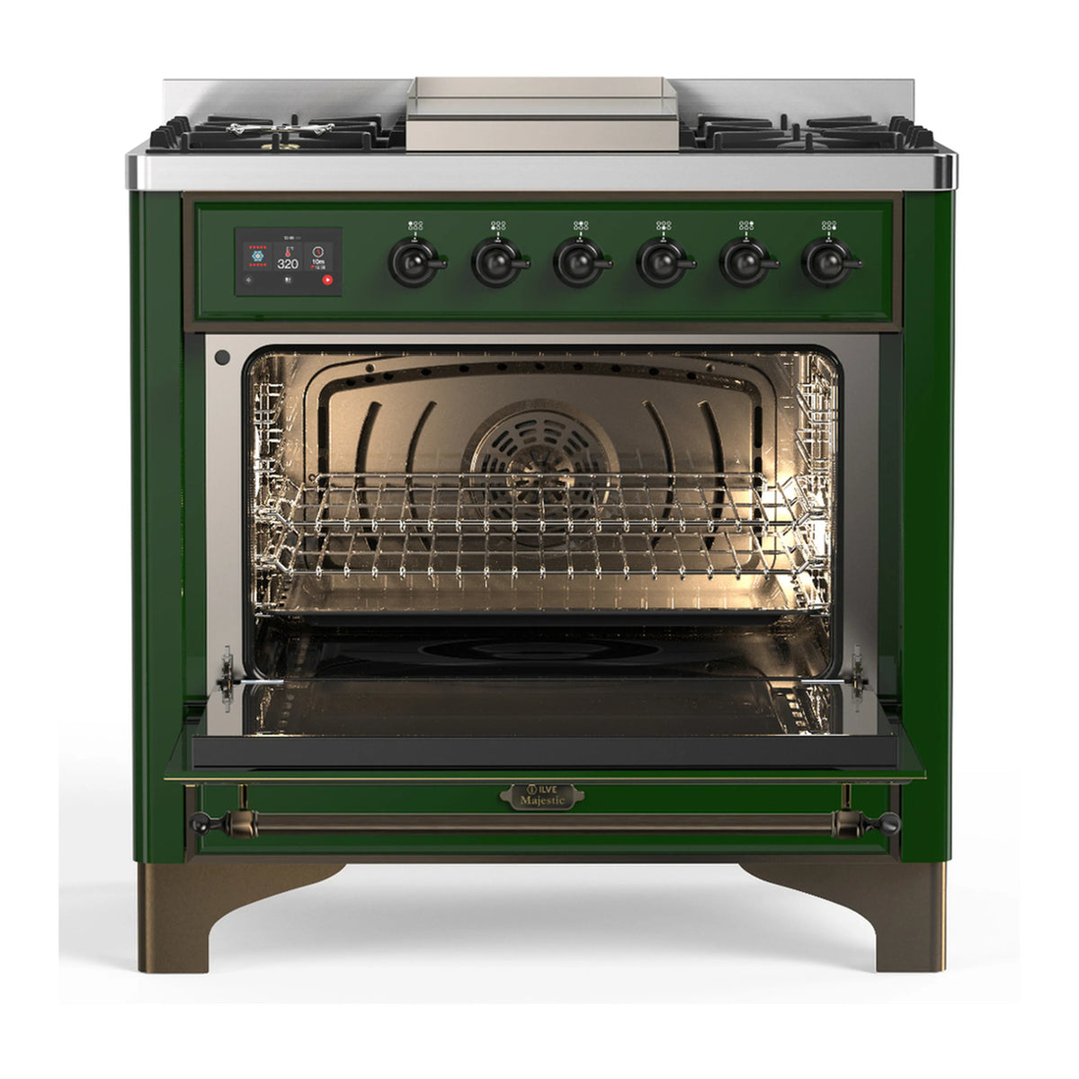 Emerald green ILVE range with open oven, heating elements, and wire rack