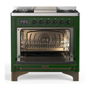 ILVE Majestic III 36-inch Dual Fuel Range with 6 Natural Gas Burner, Griddle and Triple Glass Door Electric Oven in Emerald Green with Burnished Trim (UM36FNR3EGB)