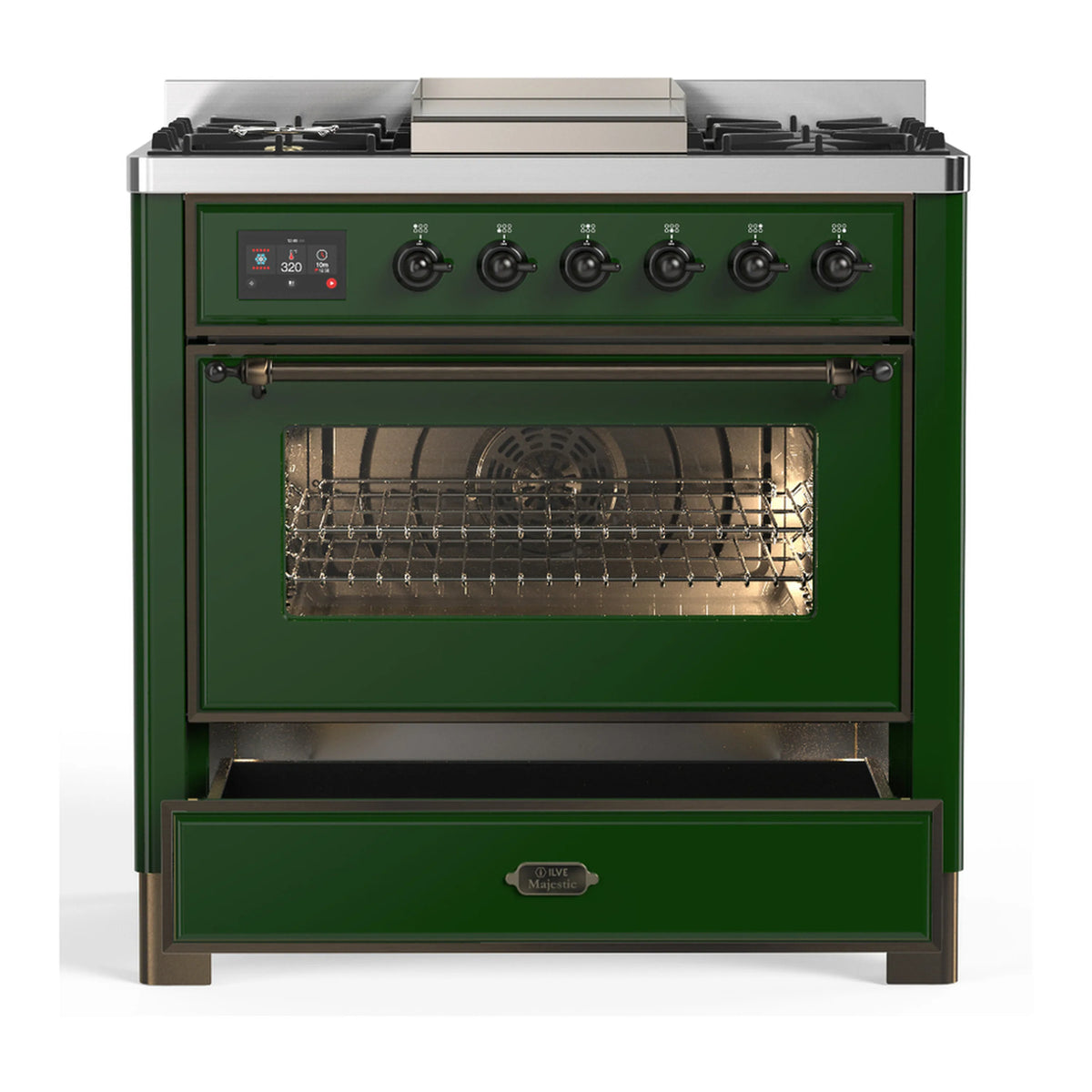 Emerald green ILVE range with open electric oven and wire rack, black interior