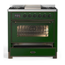 ILVE Majestic III 36-inch Dual Fuel Range with 5 Liquid Propane Burner, Griddle and Triple Glass Door Electric Oven in Emerald Green with Burnished Trim (UM36FNR3EGBLP)