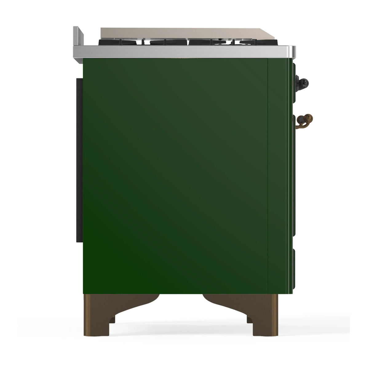 Emerald green dual fuel range side panel with stainless trim and side handles