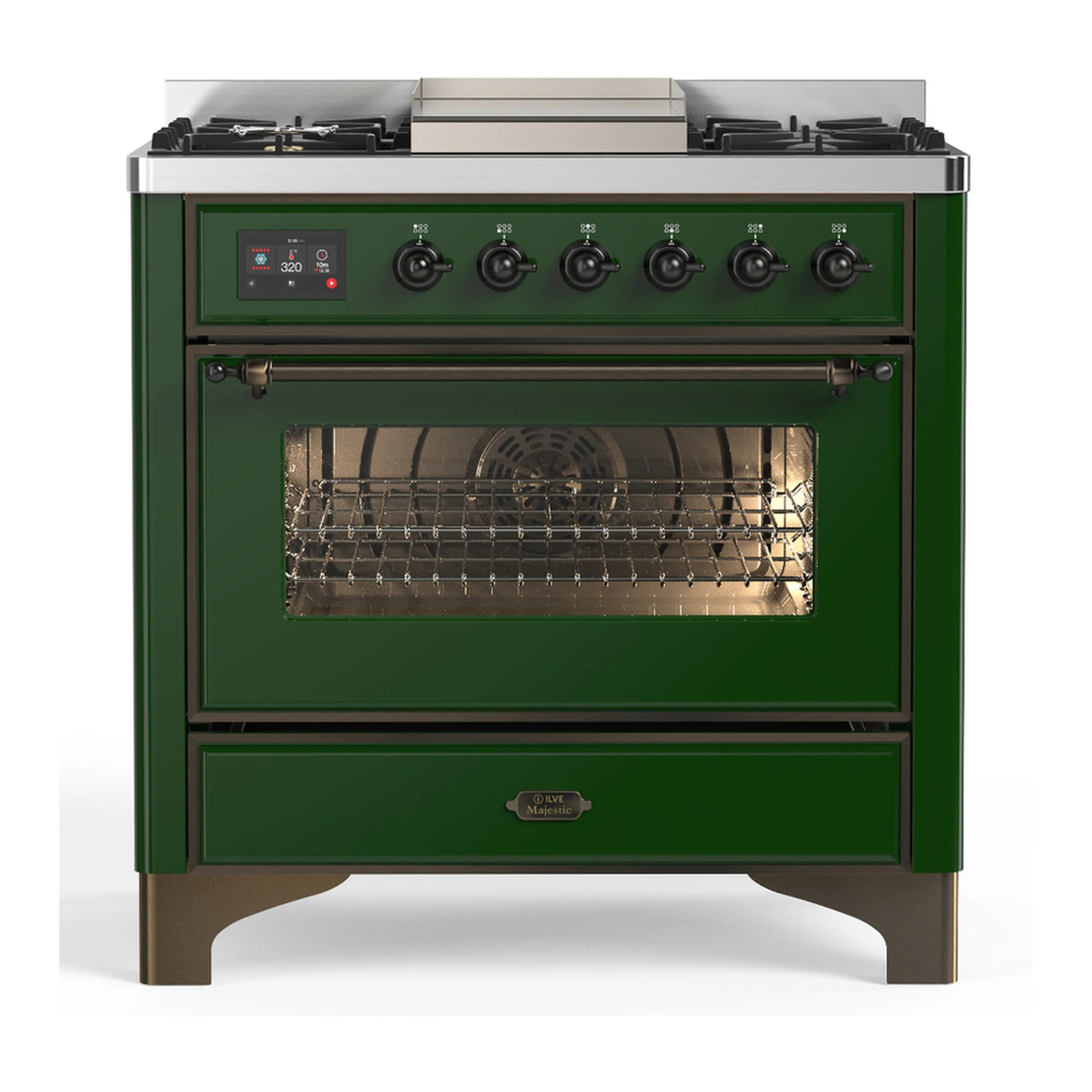 Emerald green dual fuel range front view with oven door open and wire rack visible