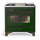 ILVE Majestic III 36-inch Dual Fuel Range with 5 Liquid Propane Burner, Griddle and Triple Glass Door Electric Oven in Emerald Green with Burnished Trim (UM36FNR3EGBLP)