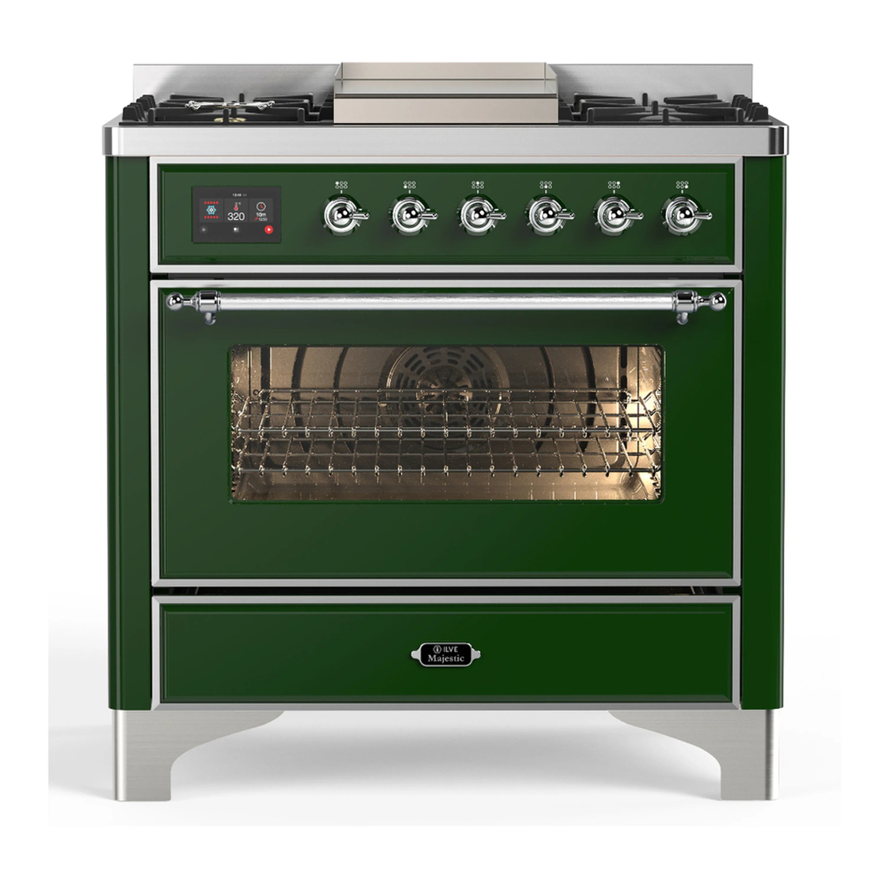 Emerald green dual fuel range with chrome trim, front controls, and closed oven door