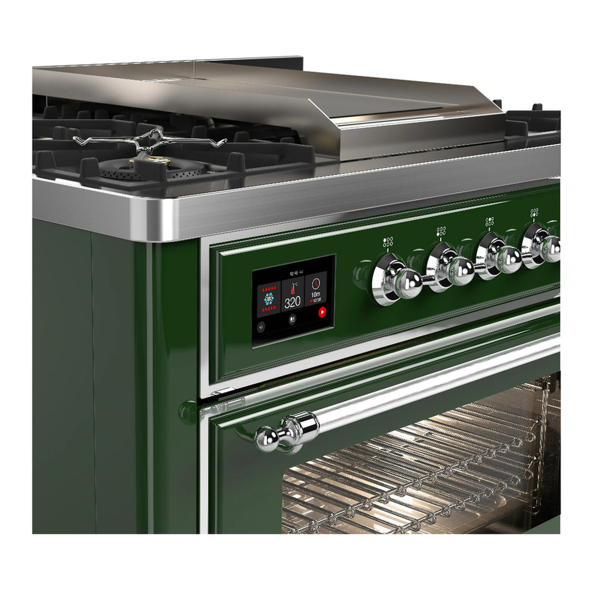 Emerald green dual fuel range with stainless griddle, control panel, and burner knobs