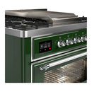 ILVE Majestic III 36-inch Dual Fuel Range with 6 Natural Gas Burner, Griddle and Triple Glass Door Electric Oven in Emerald Green with Chrome Trim (UM36FNR3EGC)