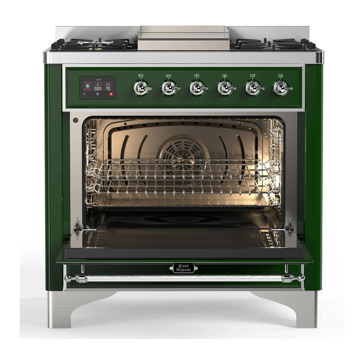 Emerald green dual fuel range oven with open door, interior light, and wire racks