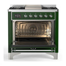 ILVE Majestic III 36-inch Dual Fuel Range with 6 Natural Gas Burner, Griddle and Triple Glass Door Electric Oven in Emerald Green with Chrome Trim (UM36FNR3EGC)
