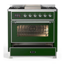 ILVE Majestic III 36-inch Dual Fuel Range with 6 Natural Gas Burner, Griddle and Triple Glass Door Electric Oven in Emerald Green with Chrome Trim (UM36FNR3EGC)
