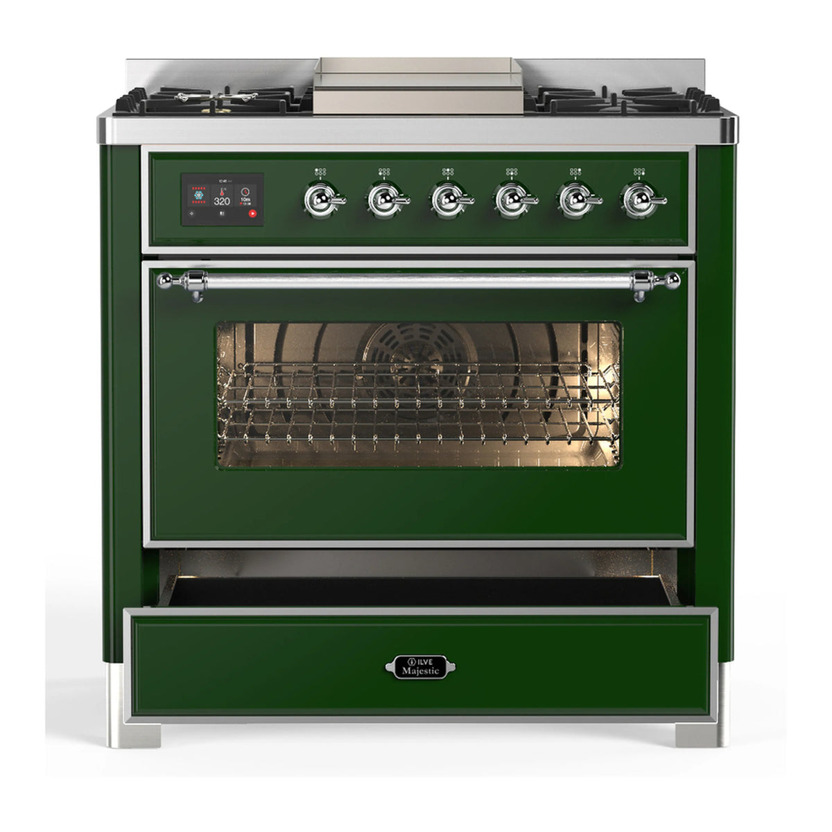 Emerald green oven front with glass door, chrome handle, and control panel