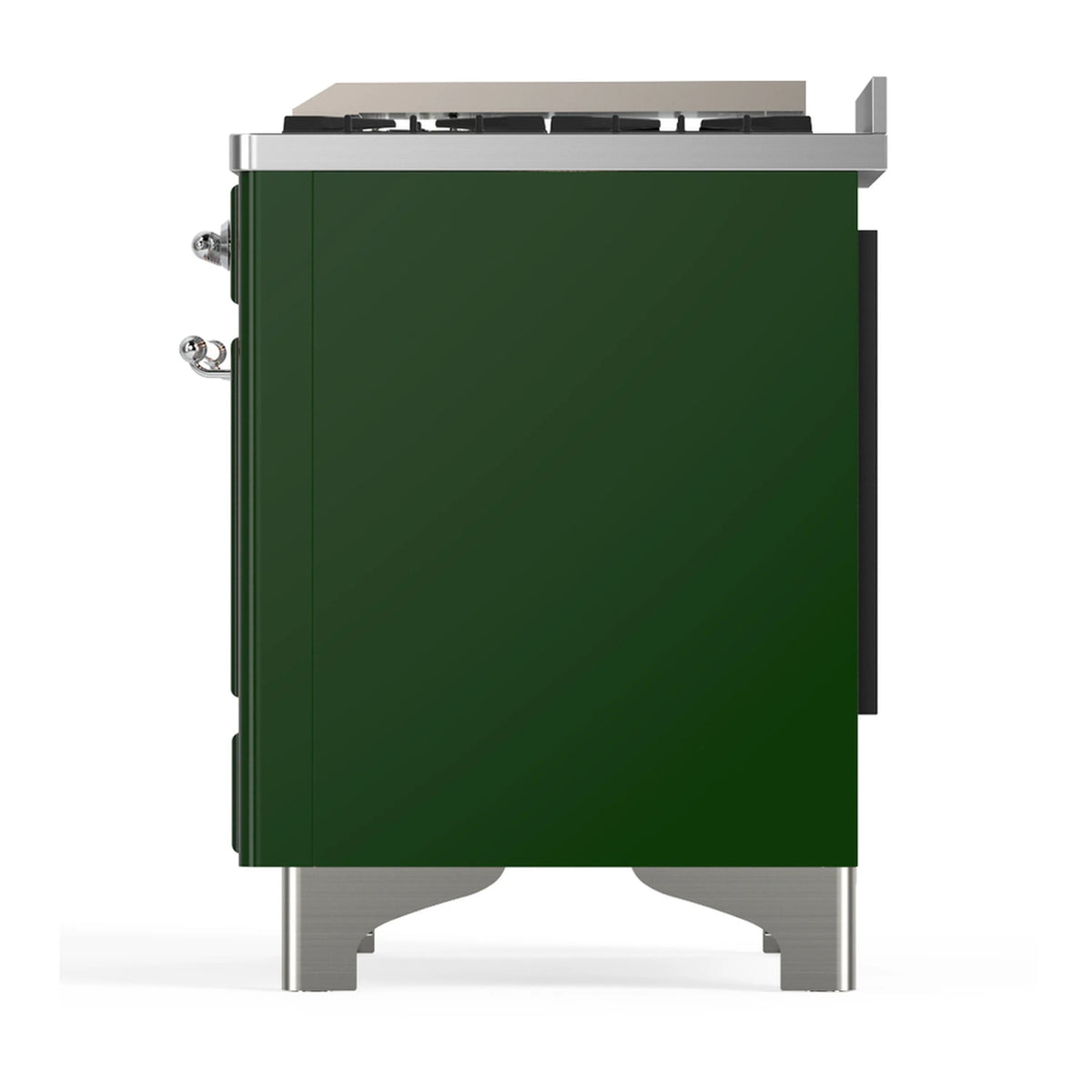 Emerald green dual fuel range with chrome side handles and rear controls