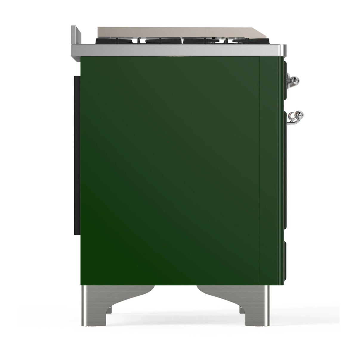 Emerald green dual fuel range with chrome legs and black side burner controls