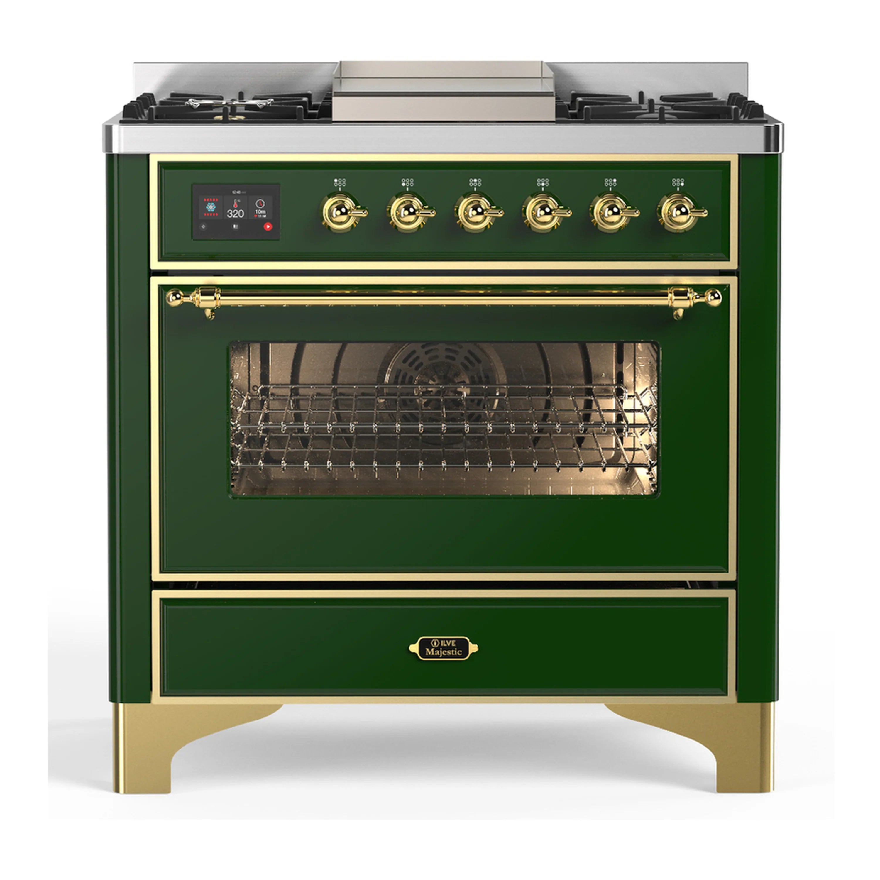 Emerald green dual fuel range with brass control knobs and oven door, front drawer closed