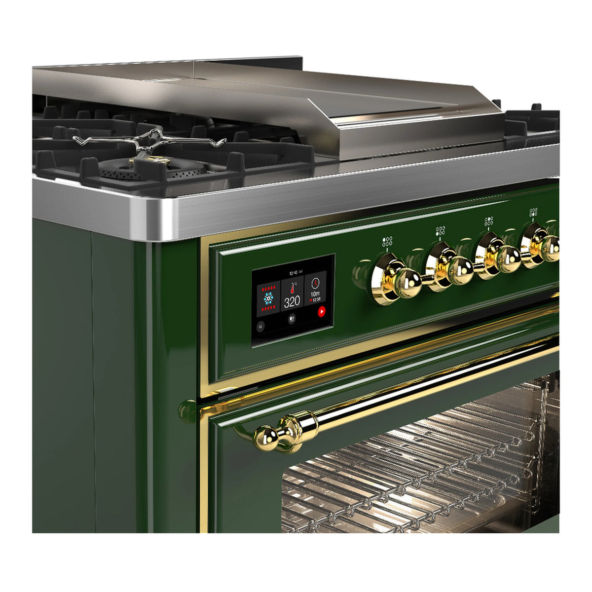 Emerald green range control panel with brass knobs and open oven with racks