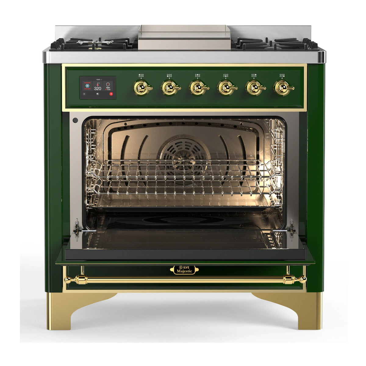 Emerald green dual fuel range with open oven door showing metal racks and interior cavity