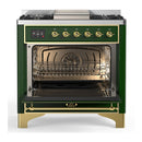 ILVE Majestic III 36-inch Dual Fuel Range with 6 Natural Gas Burner, Griddle and Triple Glass Door Electric Oven in Emerald Green with Brass Trim (UM36FNR3EGG)