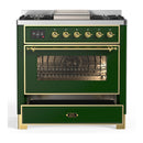ILVE Majestic III 36-inch Dual Fuel Range with 6 Natural Gas Burner, Griddle and Triple Glass Door Electric Oven in Emerald Green with Brass Trim (UM36FNR3EGG)