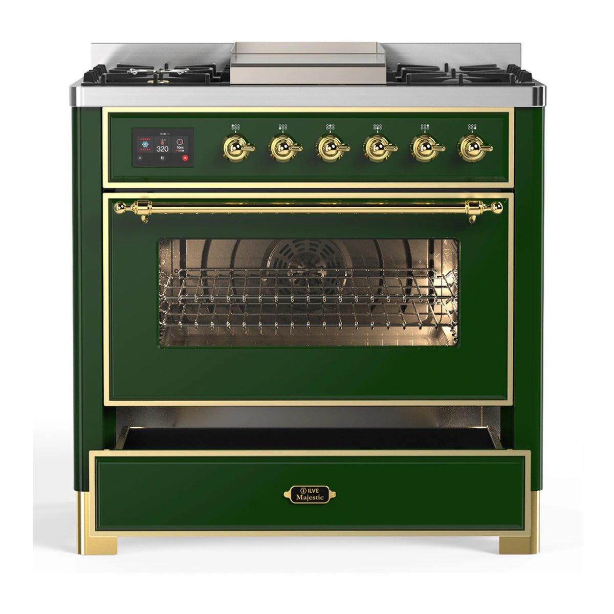 Emerald green dual-fuel range with brass control knobs, oven door window, and drawer
