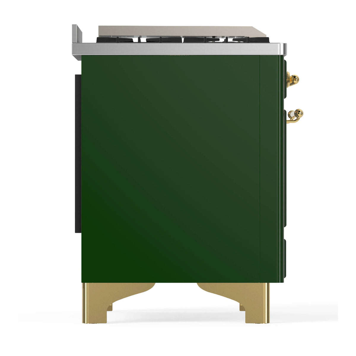 Emerald green dual fuel range with brass side handles and vertical front panel