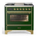 ILVE Majestic III 36-inch Dual Fuel Range with 5 Liquid Propane Burner, Griddle and Triple Glass Door Electric Oven in Emerald Green with Brass Trim (UM36FNR3EGGLP)