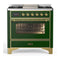 ILVE Majestic III 36-inch Dual Fuel Range with 6 Natural Gas Burner, Griddle and Triple Glass Door Electric Oven in Emerald Green with Brass Trim (UM36FNR3EGG)