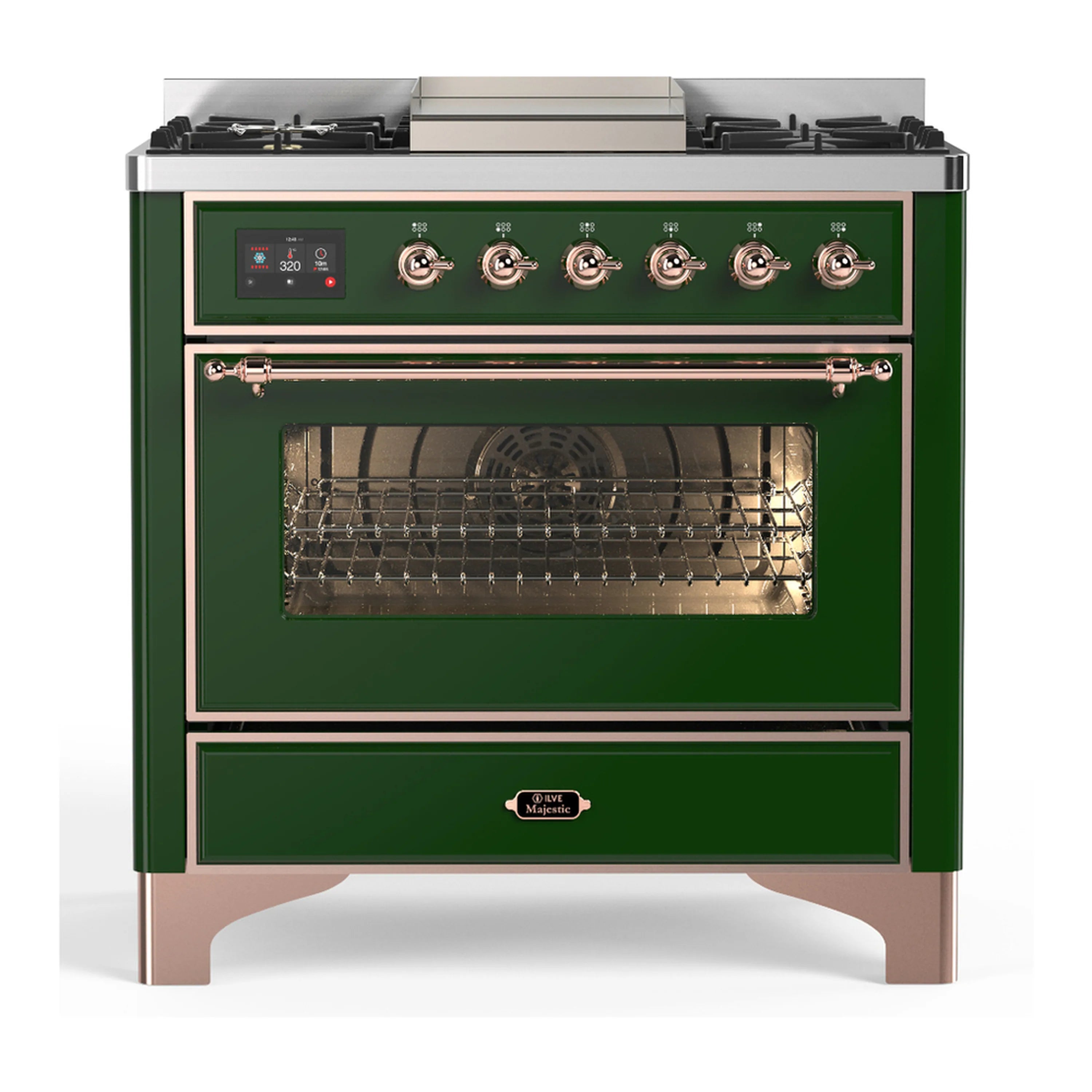 Emerald green dual fuel range with copper trim; oven door open and control knobs on front