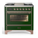 ILVE Majestic III 36-inch Dual Fuel Range with 5 Liquid Propane Burner, Griddle and Triple Glass Door Electric Oven in Emerald Green with Copper Trim (UM36FNR3EGPLP)