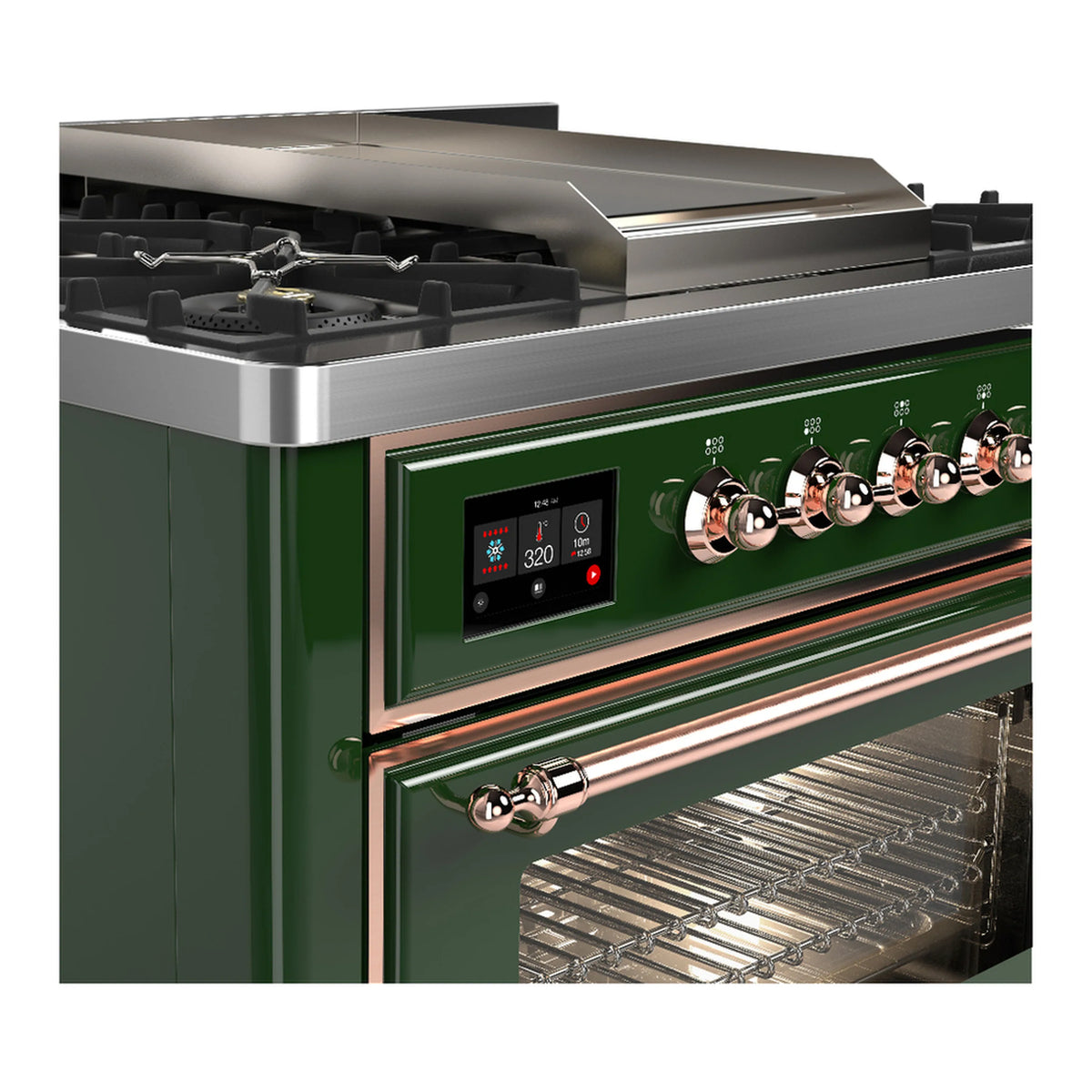 Emerald green dual fuel range with copper trim; control panel and open oven door view