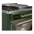 ILVE Majestic III 36-inch Dual Fuel Range with 5 Liquid Propane Burner, Griddle and Triple Glass Door Electric Oven in Emerald Green with Copper Trim (UM36FNR3EGPLP)