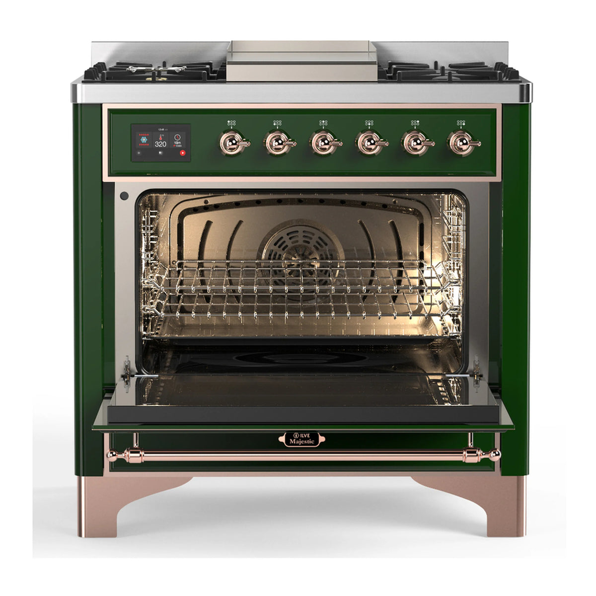 Emerald green dual fuel range with copper trim; open electric oven door and racks inside