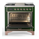 ILVE Majestic III 36-inch Dual Fuel Range with 5 Liquid Propane Burner, Griddle and Triple Glass Door Electric Oven in Emerald Green with Copper Trim (UM36FNR3EGPLP)