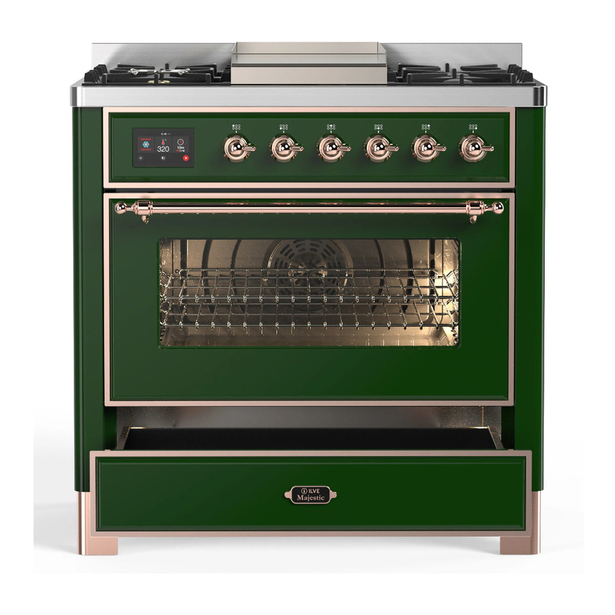 Emerald green dual fuel range with copper trim; oven door closed with glass window