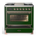 ILVE Majestic III 36-inch Dual Fuel Range with 5 Liquid Propane Burner, Griddle and Triple Glass Door Electric Oven in Emerald Green with Copper Trim (UM36FNR3EGPLP)