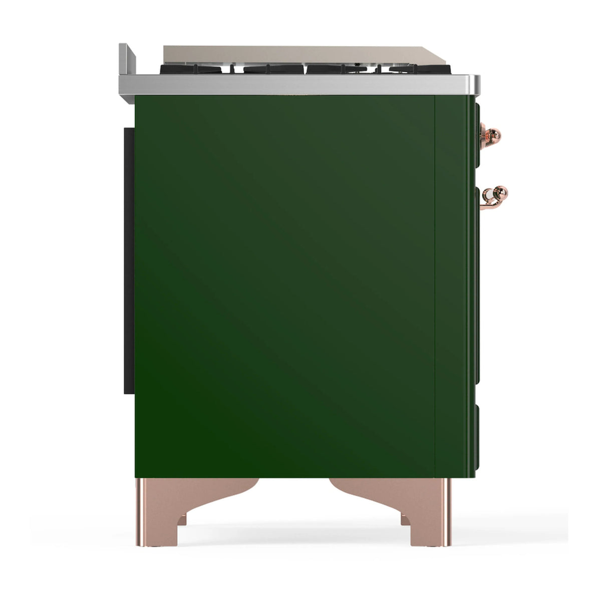 Emerald green dual fuel range in rear-side view with copper trim legs