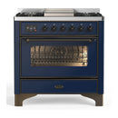 ILVE Majestic III 36-inch Dual Fuel Range with 6 Natural Gas Burner, Griddle and Triple Glass Door Electric Oven in Midnight Blue with Burnished Trim (UM36FNR3MBB)