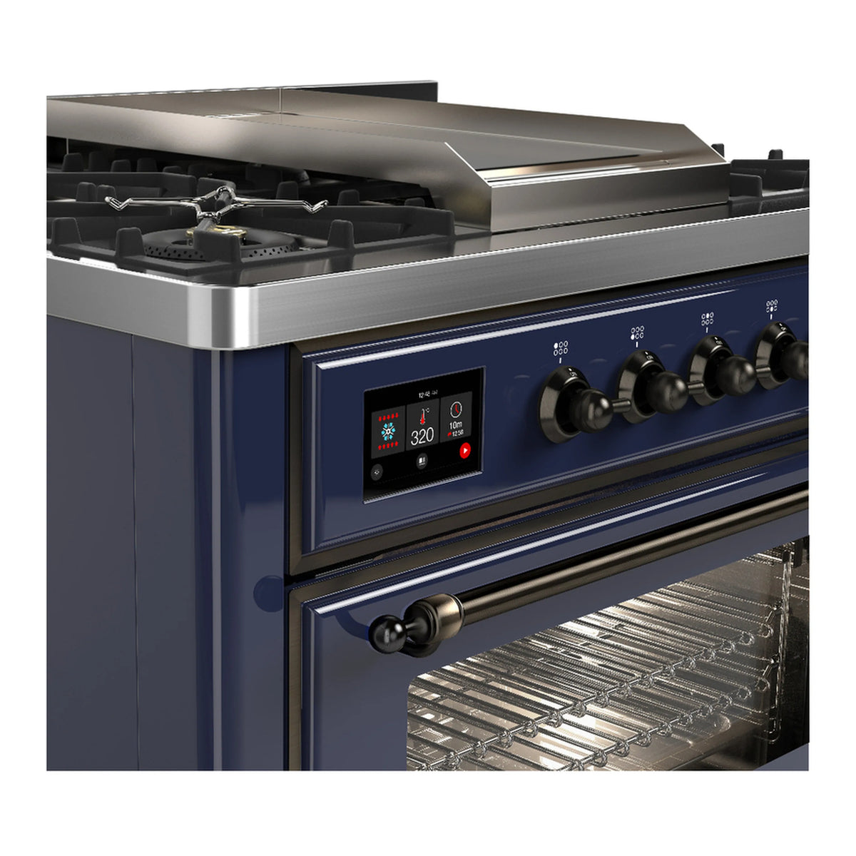 Midnight blue range front with control panel, burner grates, and open electric oven