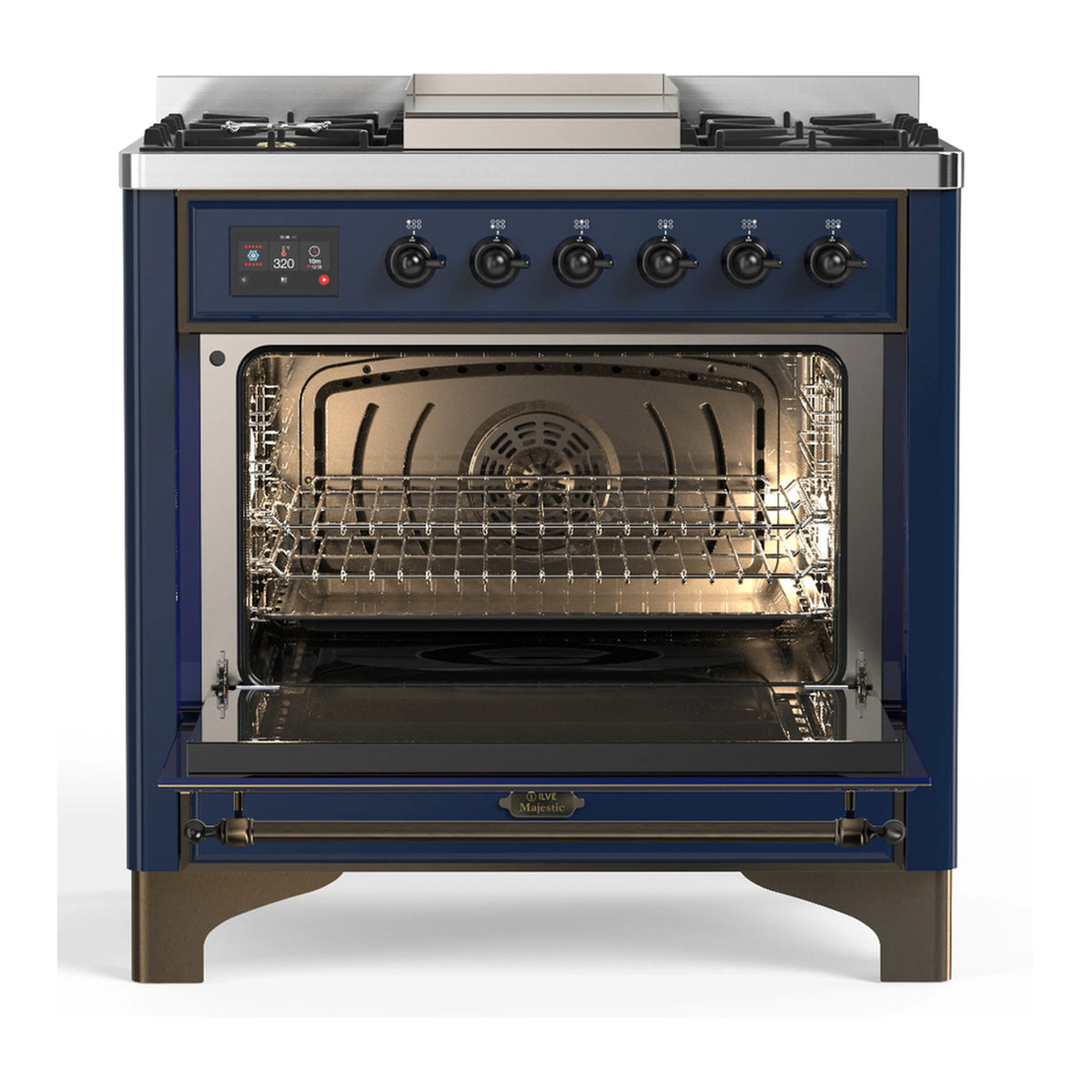 Dual fuel range oven interior with wire rack and glowing light under the glass door