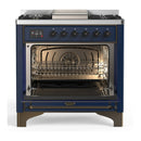 ILVE Majestic III 36-inch Dual Fuel Range with 5 Liquid Propane Burner, Griddle and Triple Glass Door Electric Oven in Midnight Blue with Burnished Trim (UM36FNR3MBBLP)