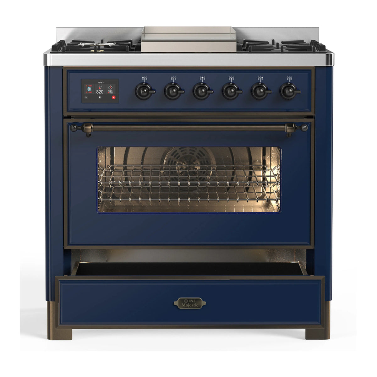 Midnight blue dual fuel range with lit control knobs and oven door closed