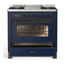 ILVE Majestic III 36-inch Dual Fuel Range with 5 Liquid Propane Burner, Griddle and Triple Glass Door Electric Oven in Midnight Blue with Burnished Trim (UM36FNR3MBBLP)