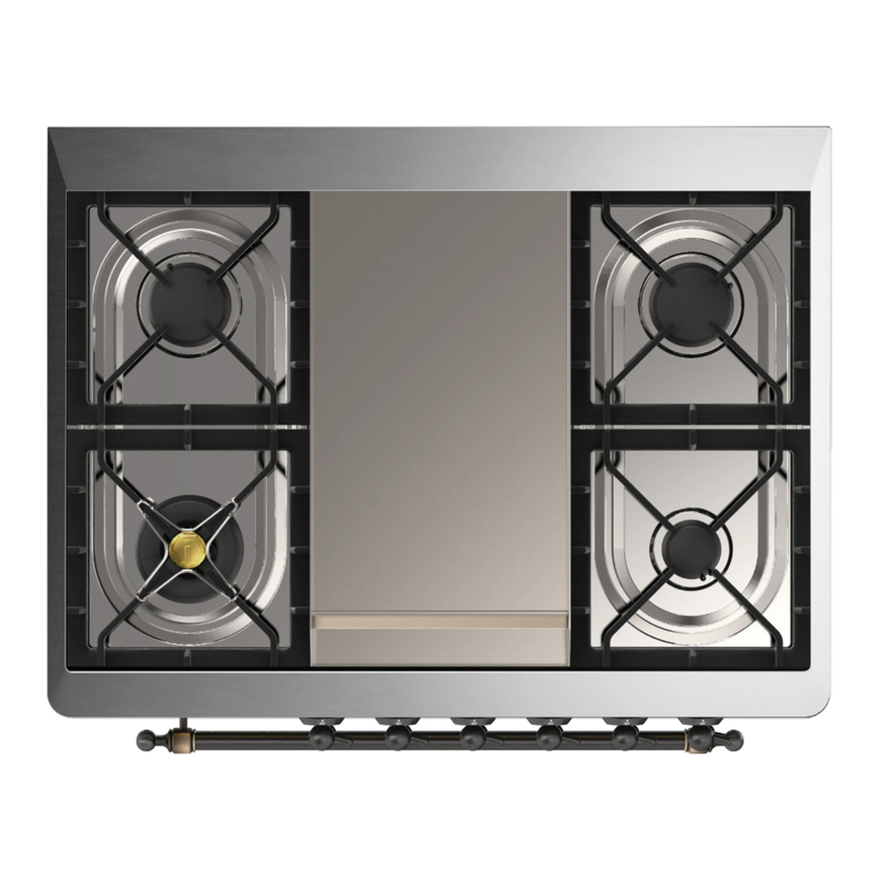Dual fuel range top burner layout with four gas burners in open cooktop