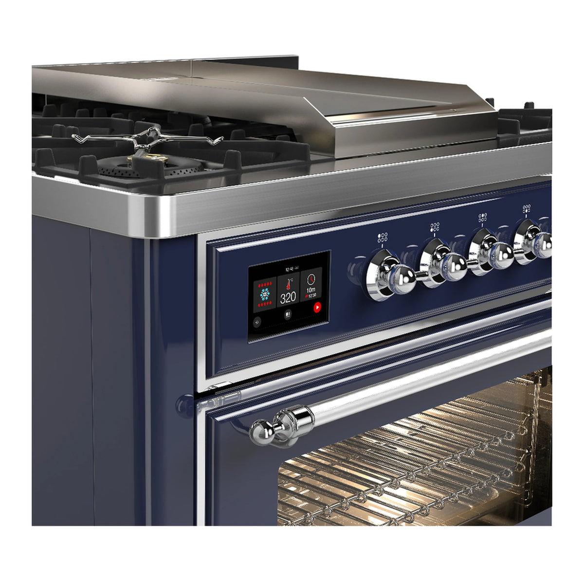 Midnight blue range control panel with chrome knobs and open oven door interior