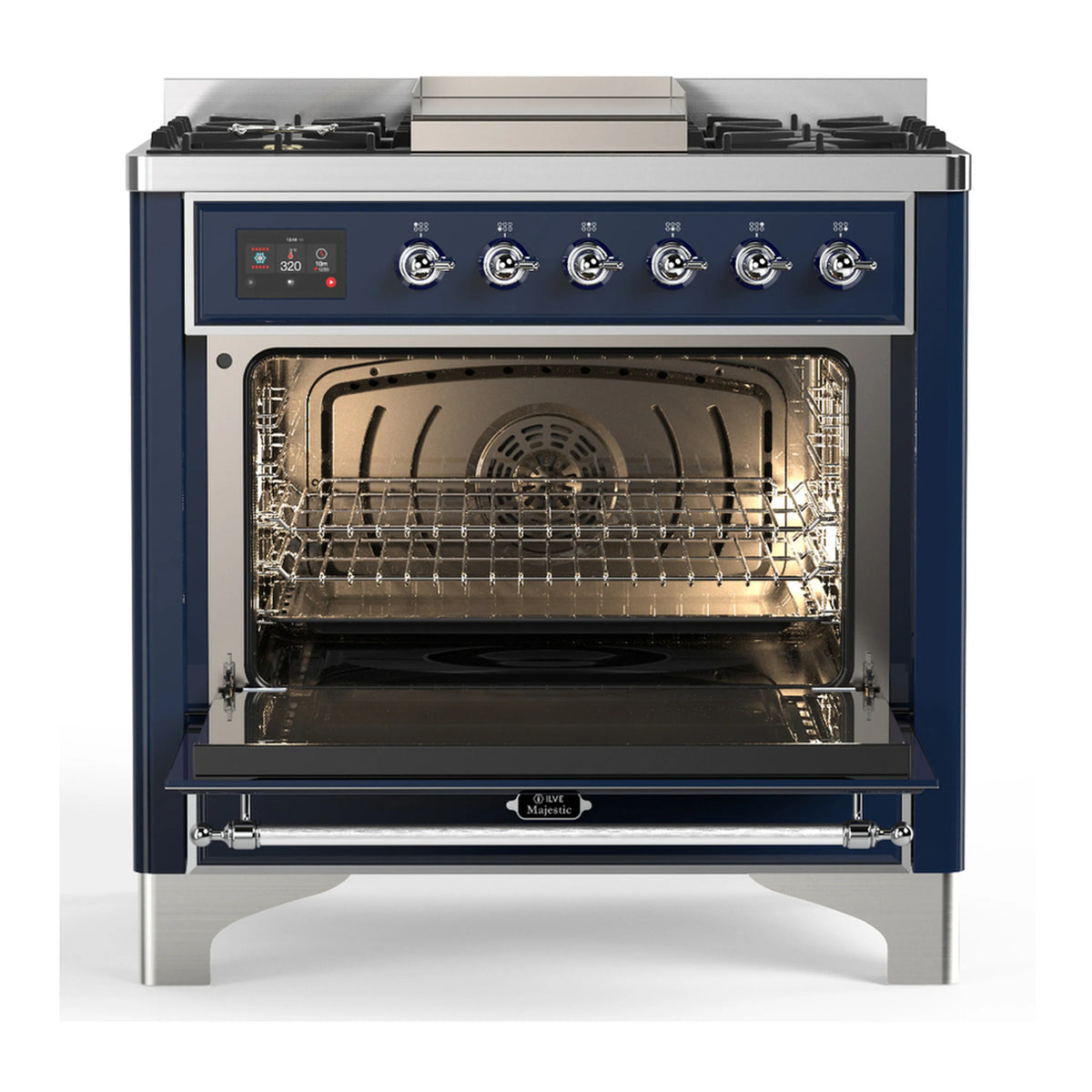 Midnight blue electric oven interior with wire racks and open glass door