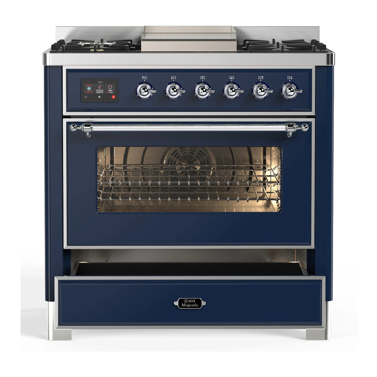 Midnight blue range with open oven door, wire racks, and front control knobs