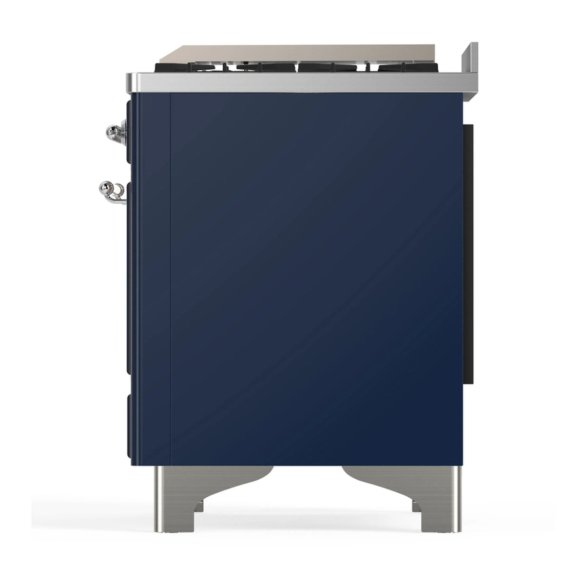 Midnight blue freestanding dual fuel range cabinet with chrome trim and legs