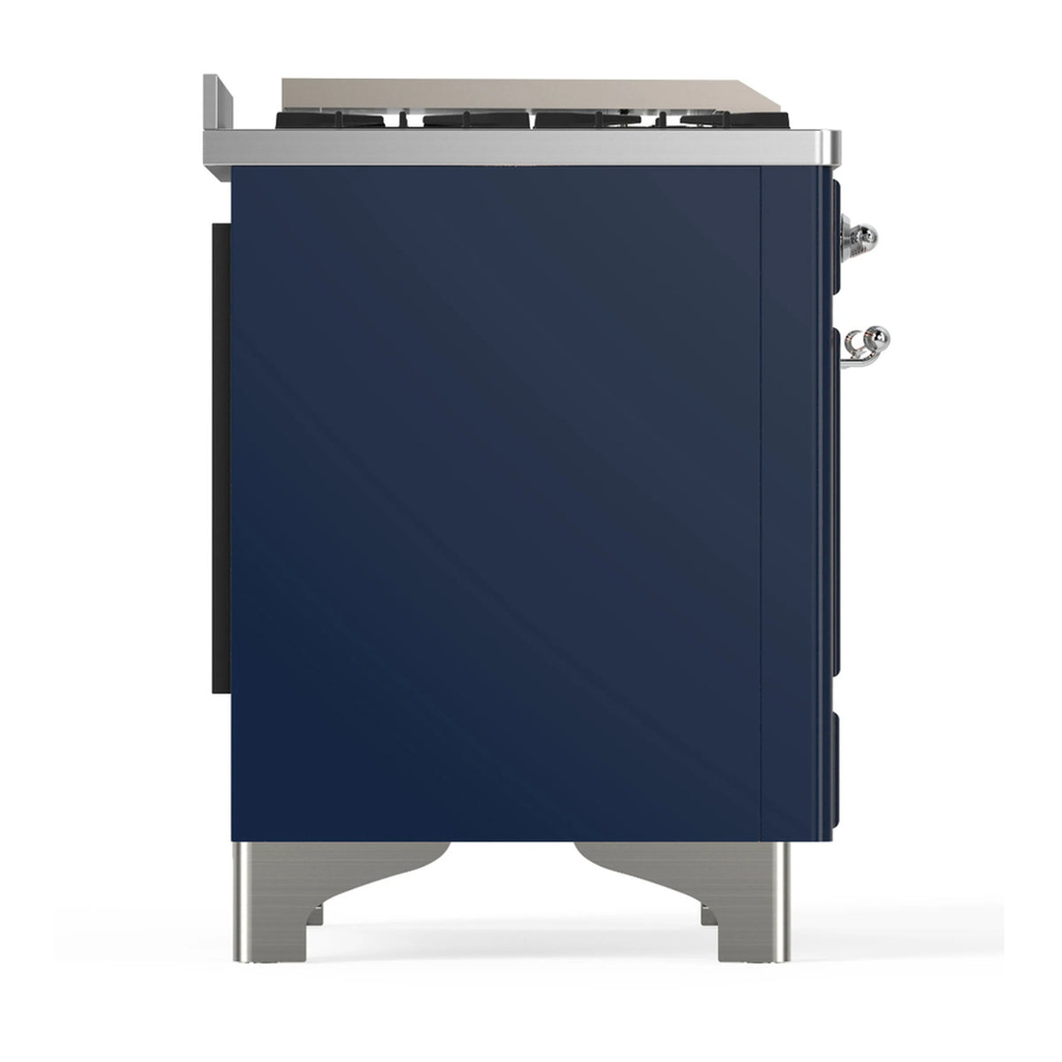 Midnight blue dual fuel range front with chrome trim and oven doors
