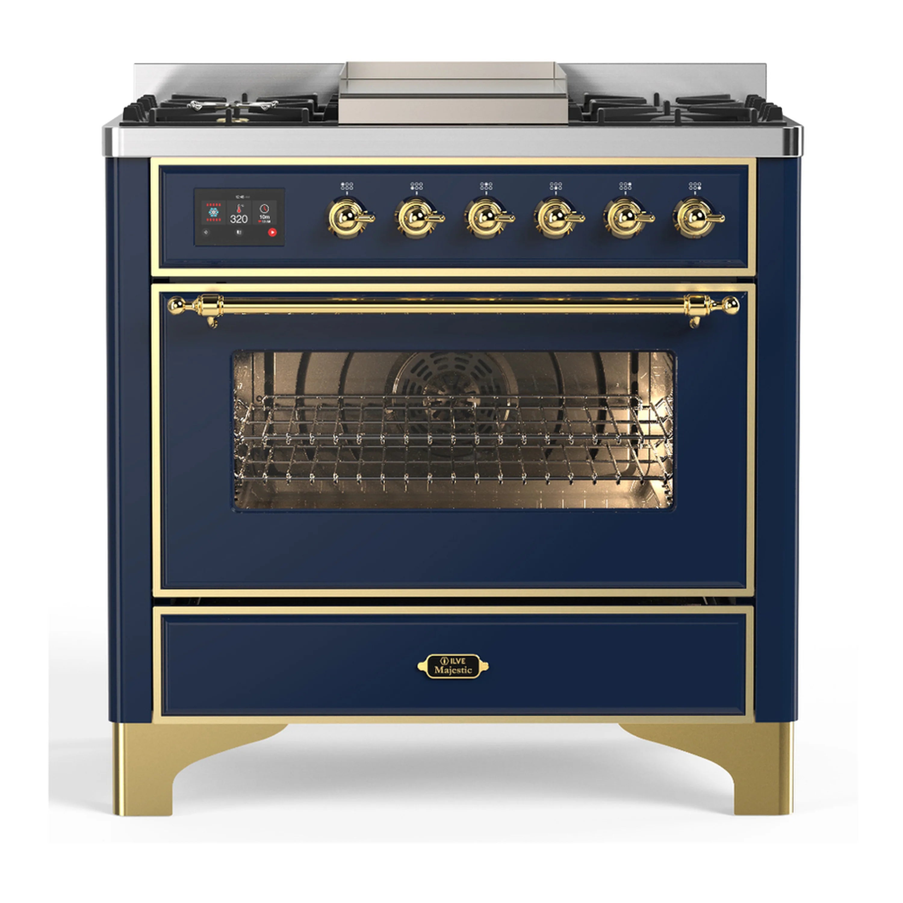 ILVE blue-grey dual fuel range front with open oven door and brass-trim controls