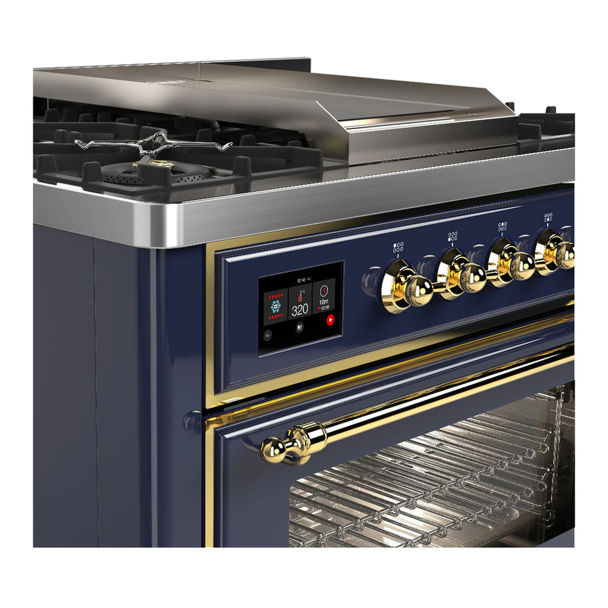 ILVE blue-grey dual fuel range with brass trim, control panel and oven door window