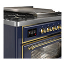ILVE Majestic III 36-inch Dual Fuel Range with 6 Natural Gas Burner, Griddle and Triple Glass Door Electric Oven in Blue Grey with Brass Trim (UM36FNR3MBG)